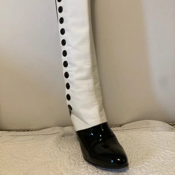 CHANEL - “AUTHENTIC” White and Black Heeled Boots - Picture 1 of 8